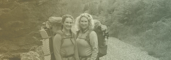 Fiona McManus camping with her daughter. A photograph of Fiona McManus and friends hiking.